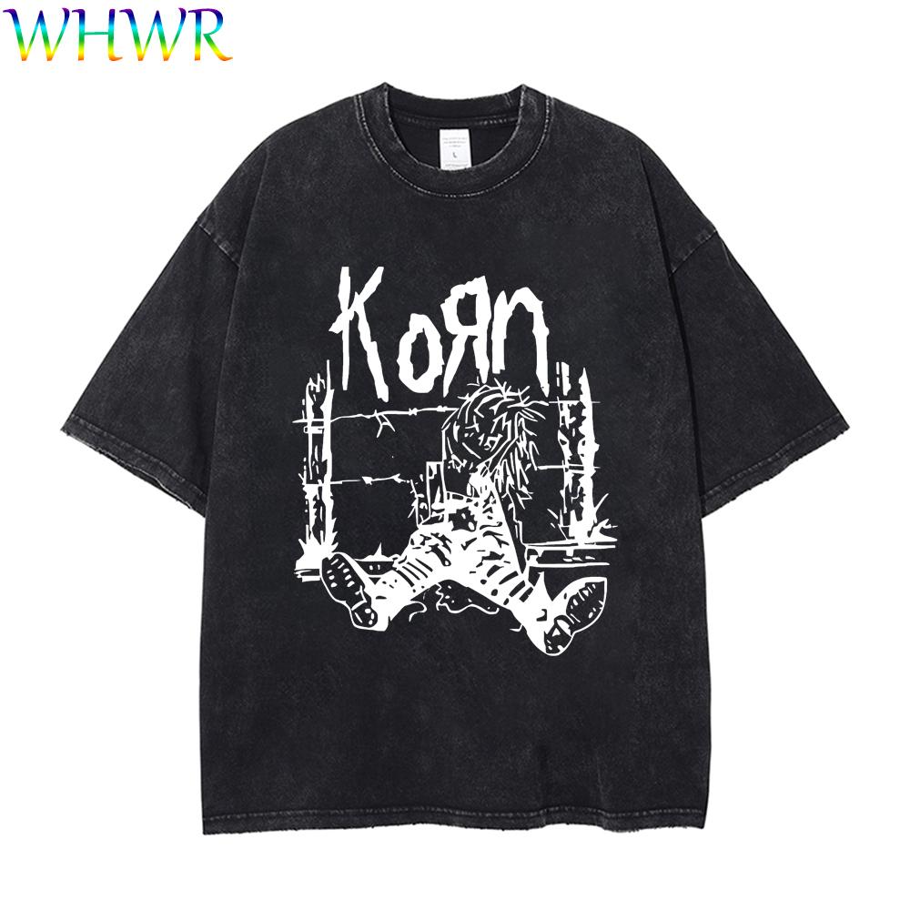 Streetwear Korn Tshirts Summer Vintage T-shirts KORN Rock Band T-shirt Y2k Washed Retro Tshirt Men Women Loose Cotton T Shirts S
