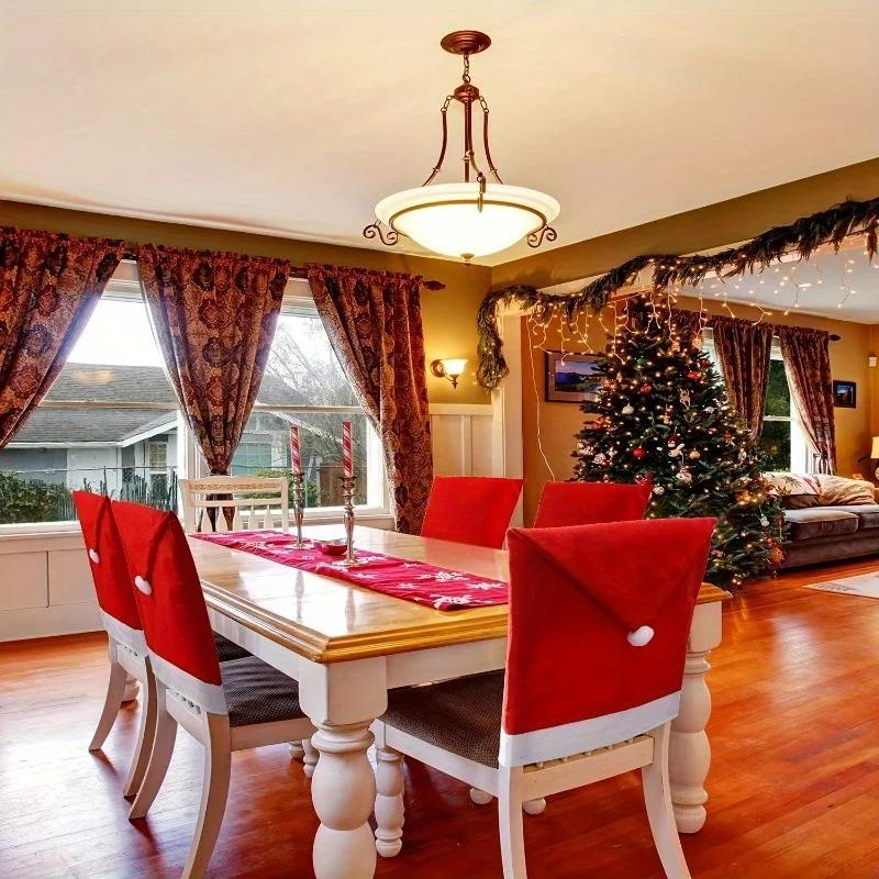1/4/6pcs Christmas Chair Covers Decor Santa Claus Red Hat Chair Cap Kitchen Dining Chair Slipcovers Sets For Christmas Holiday