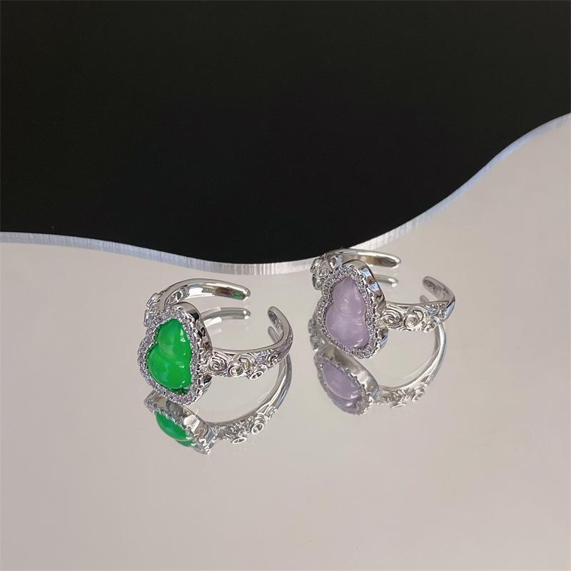 Fashion Full Diamond Zircon Da Mimi Same Open Ring Imitation Chalcedony Gourd Egg Surface Ring Woman