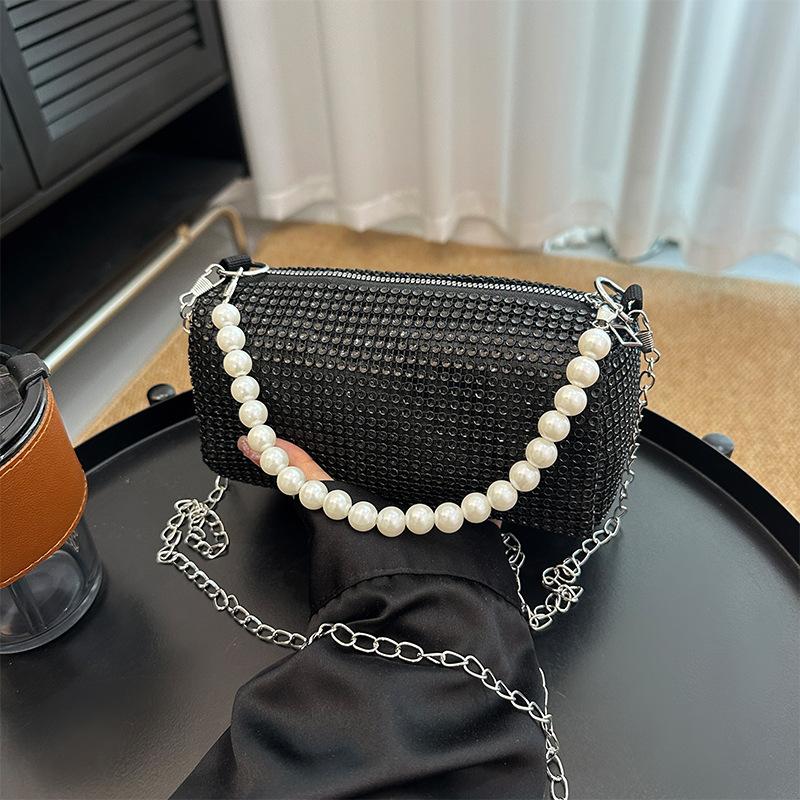 Fashion Rhinestone Shoulder Bag Pearl Chain Bag Phone Pouch Zipper Crossbody Bag Or Women Handbag