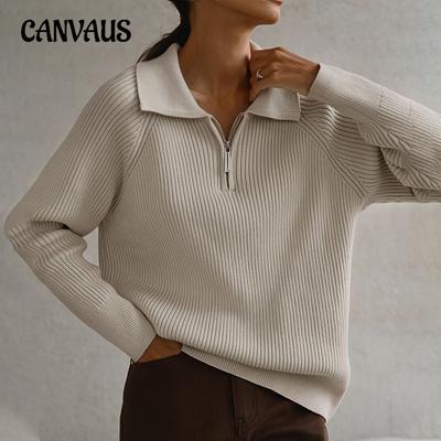Autumn and Winter Women's Trendy Simple Casual Polo Neck Lapel Pullover Knitted Sweater