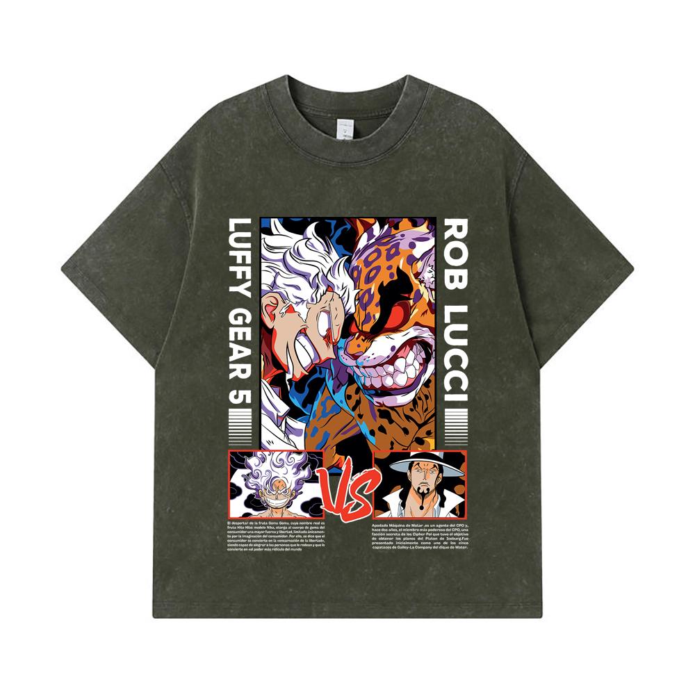 

275 GSM Washed T-shirts 100% Cotton One Piece V49 Luffy Lucci Print Unisex Heavy Cotton T Shirt S армия зеленый