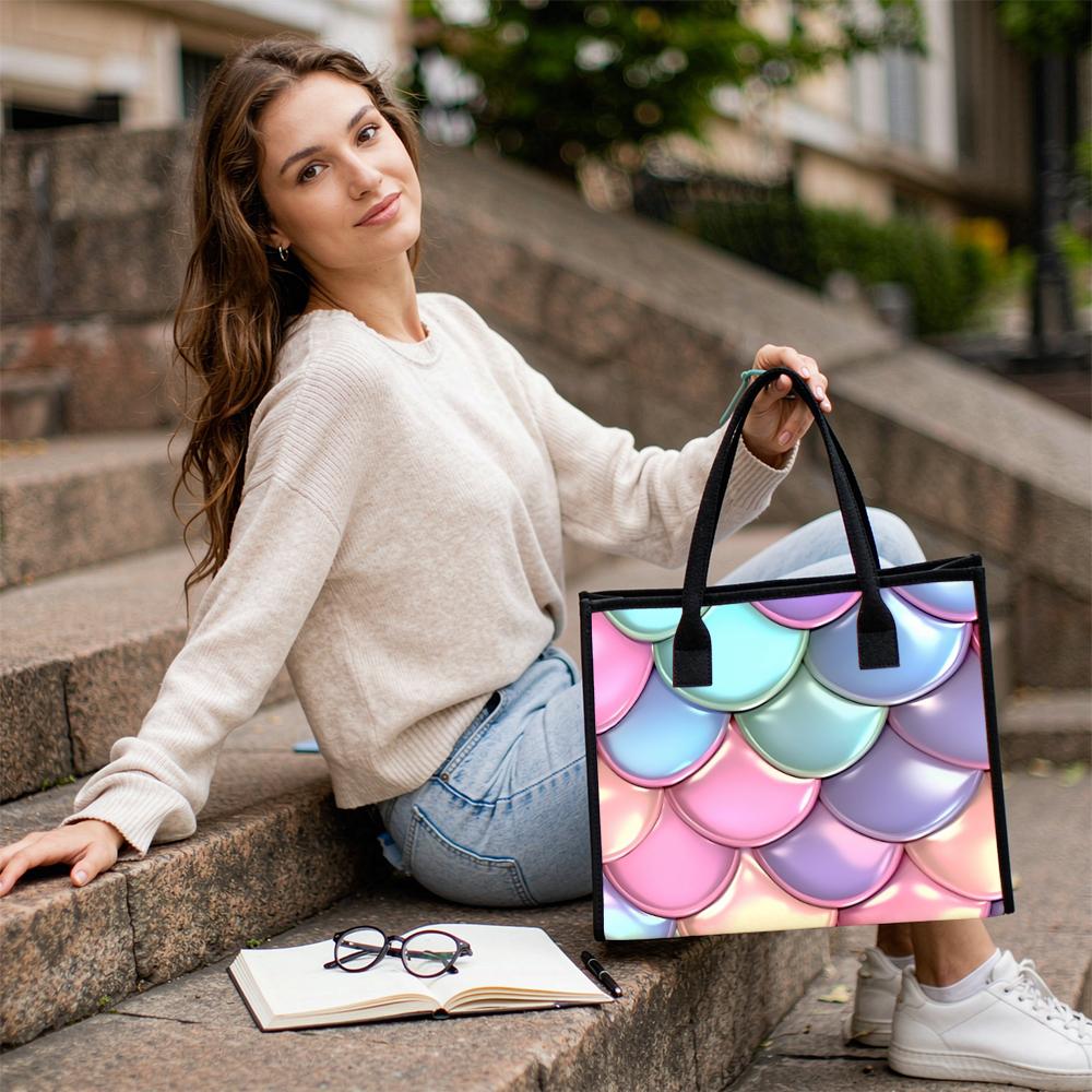 Iridescent Mermaid Scale Tote Bag Casual Daily Handbag Fashionable Portable Shoulder Bag for Shopping Travel Commute