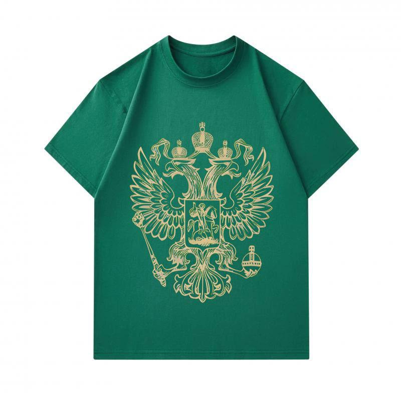 Men's 100% Cotton Crew Neck Short Sleeve T-Shirt, Golden Double Headed Eagle Emblem Printed Casual Breathable Comfortable Classic Loose Fit Daily Wear