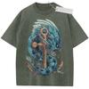 Unisex Black Washed Vintage T  Shirt Nautical Blue Dragon Anchor Retro Style High  Quality Fabric for Casual Shopping