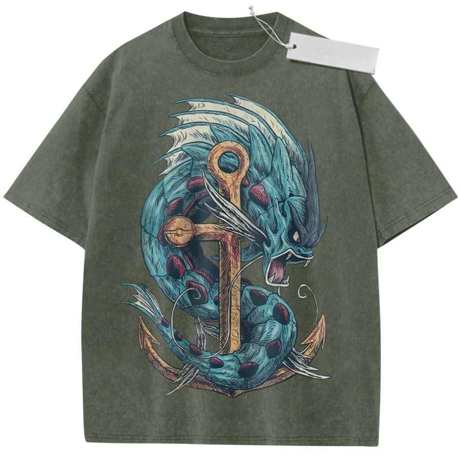 Unisex Black Washed Vintage T Shirt Nautical Blue Dragon Anchor Retro Style High Quality Fabric for Casual Shopping