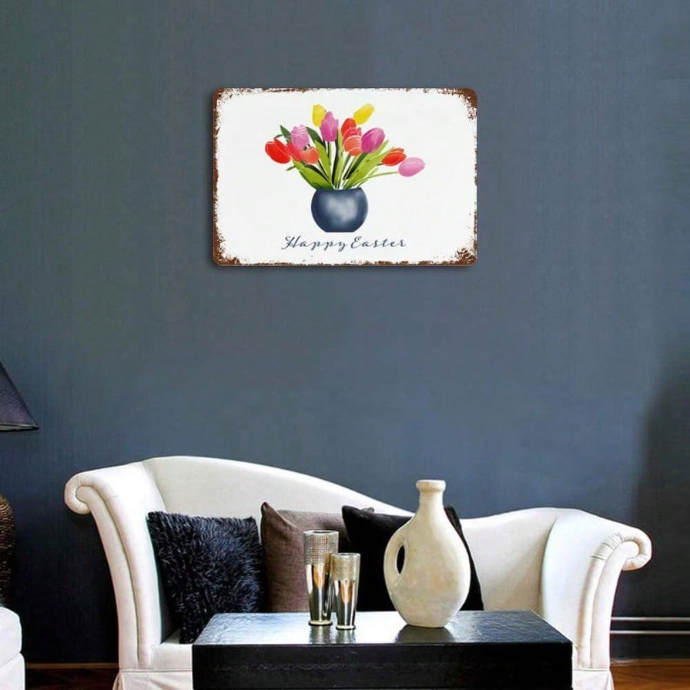 Vintage Tin Sign Rusted Metal Wall Decor Easter Spring Tulips Garden Home Hanging Art
