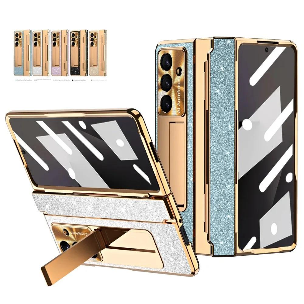 Shiny Rhinestone Bling Plated Bezel Holder Hinged Phone Case for Samsung Z Galaxy Z Fold 7 6 5 4 Slim Glass Protective Film Back Cover oro