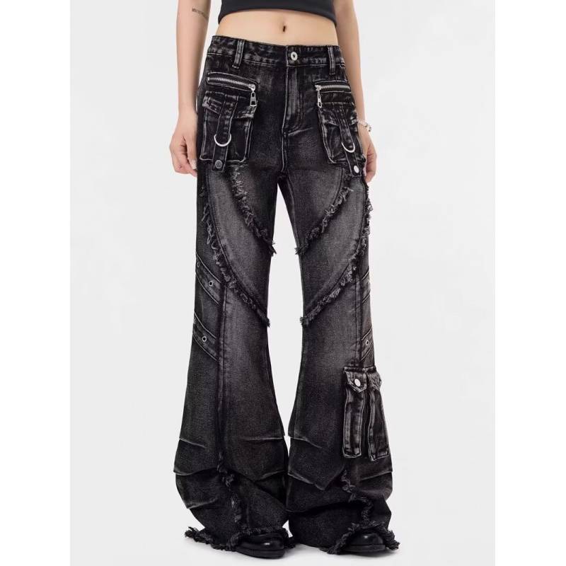 JYL Men's Cargo Flare Jeans Wasteland American Vibe Trendy Slim Straight Denim Pants