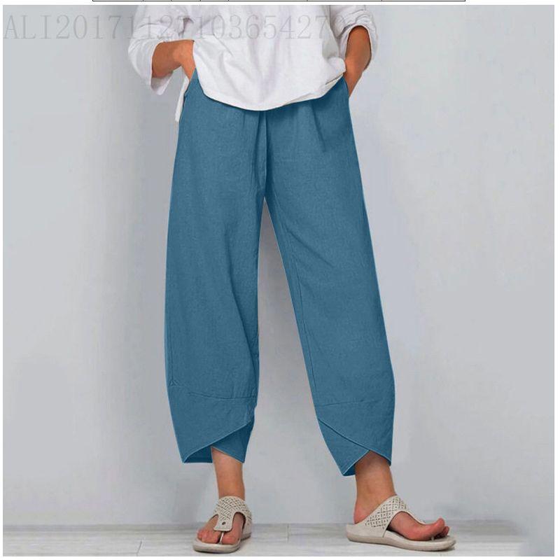 

Factory Direct Sales Spring and Summer New Foreign Trade Elastic Waist Cotton and Linen Loose Casual Pants Home Pants for Women Navy blue S