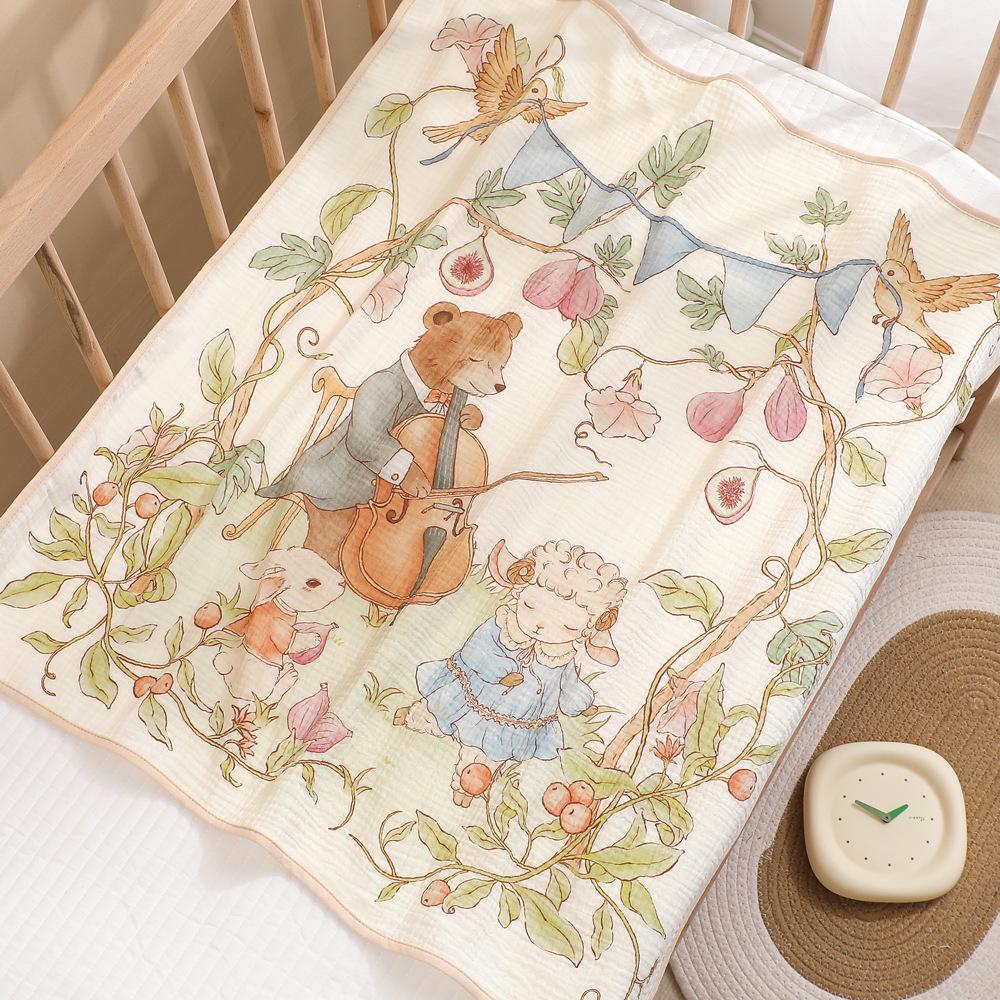 Newborn Cartoon Print Gauze Swaddle Blanket - Two-Layer Infant Wrap, Absorbent Bath Towel