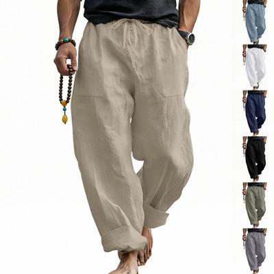 Men’s Loose Fit Linen Pants Breathable Sweat Absorbing Wide Leg Casual Trousers with Drawstring Waist Large Size for Daily Wear