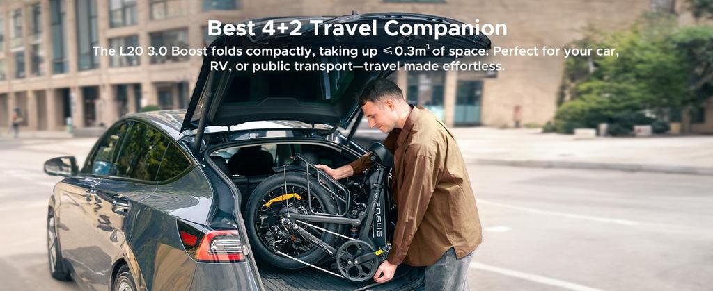 The ENGWE electric bicycle comes with an app, a 48V 13.5Ah battery (range up to 135 km), and 20*3.0 tires.L20 3.0 BOOST