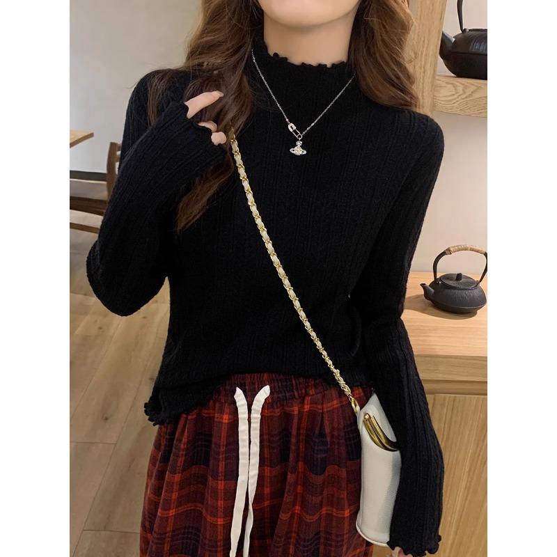 White Bottomed Shirt Women's New Autumn and Winter with Semi-turtleneck Sweater with Fungus Edge Knitted Sweater Top