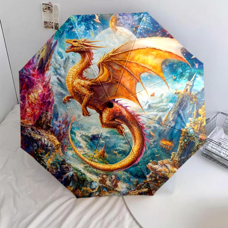 Dragon with Colorful Wings pattern, automatic folding umbrella, portable and foldable design, 8 ribs, a Christmas or birthday gift.