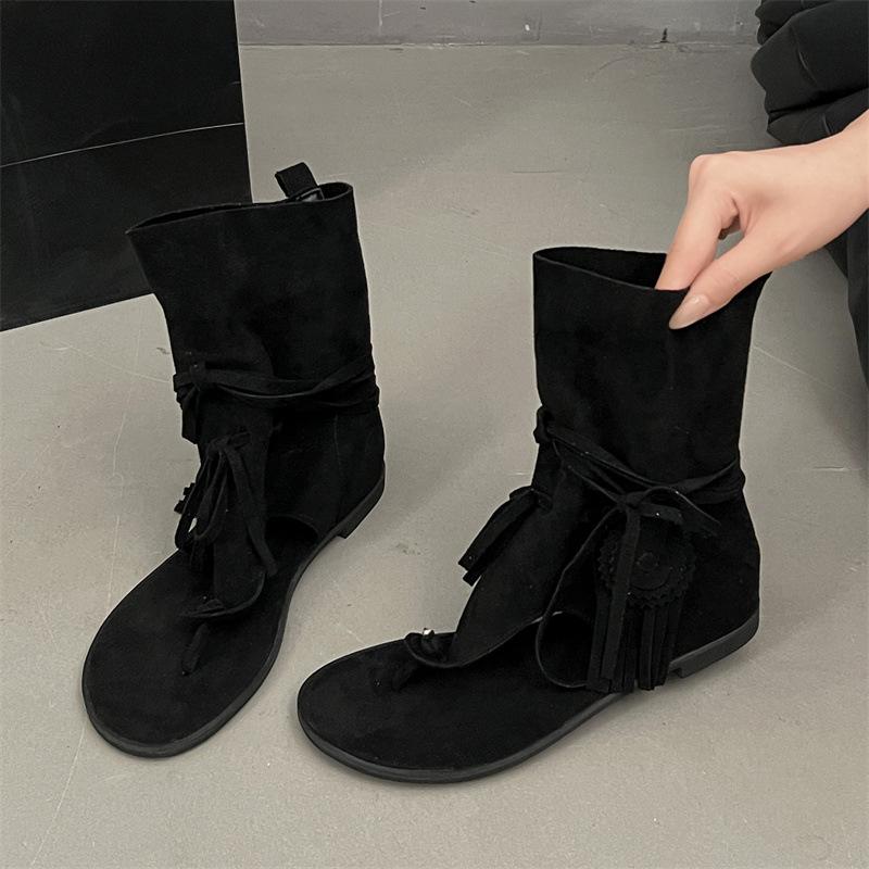 

Богемные сандалии с перемычкой для пальца женские 2025 лето с открытым носком толстый каблук крутые ботинки ковбойские ботинки римские сандалии в елочку 35