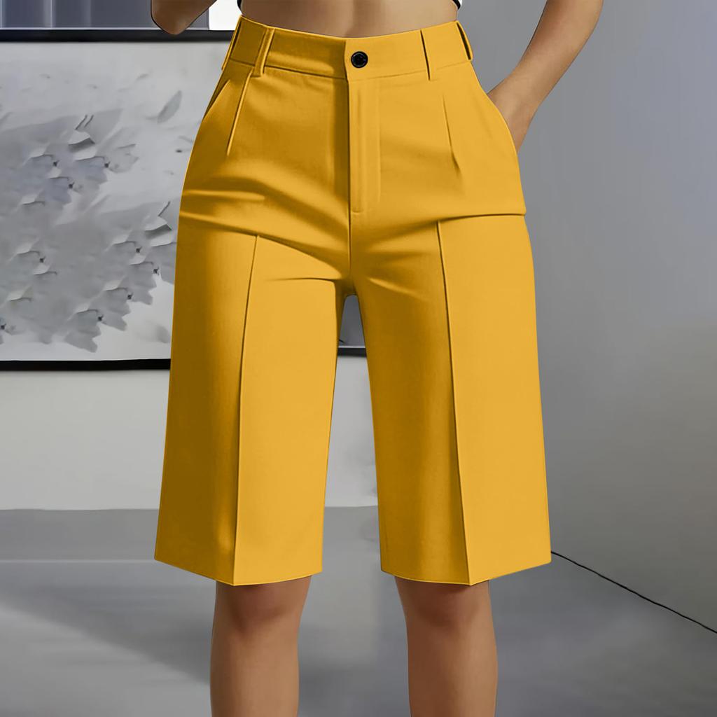 High Waist Straight Leg Bermuda Shorts for Women Casual Tailored Office Style Five Inch Length with Belt Loops and Front Pleats