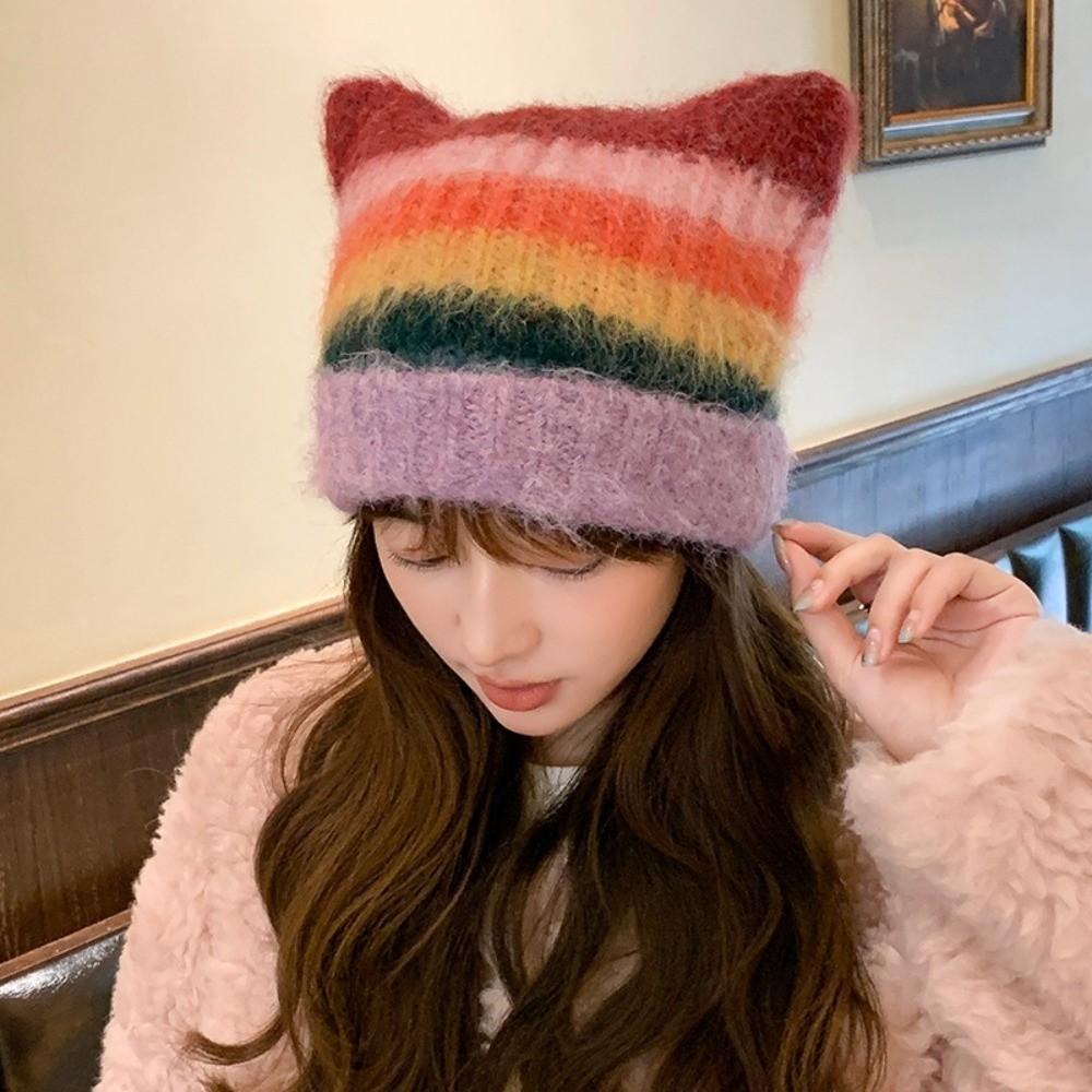 Rainbow Cat Ears Pullover Hat Gradient Woolen Knitted Hat Cute Striped Bucket Hat  Autumn Winter