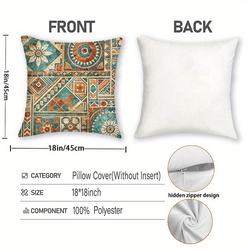 4pcs Linen Pillow Covers 45x45cm Ethnic Vintage Boho Cushion Cases Moroccan Tile Floral Pattern for Sofa Bed Decor Zipper