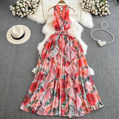 Women's Bohemian V-neck Backless Waisted Thin A-line Ruffled Printed Dress Seaside Holiday Hemline Long Dress