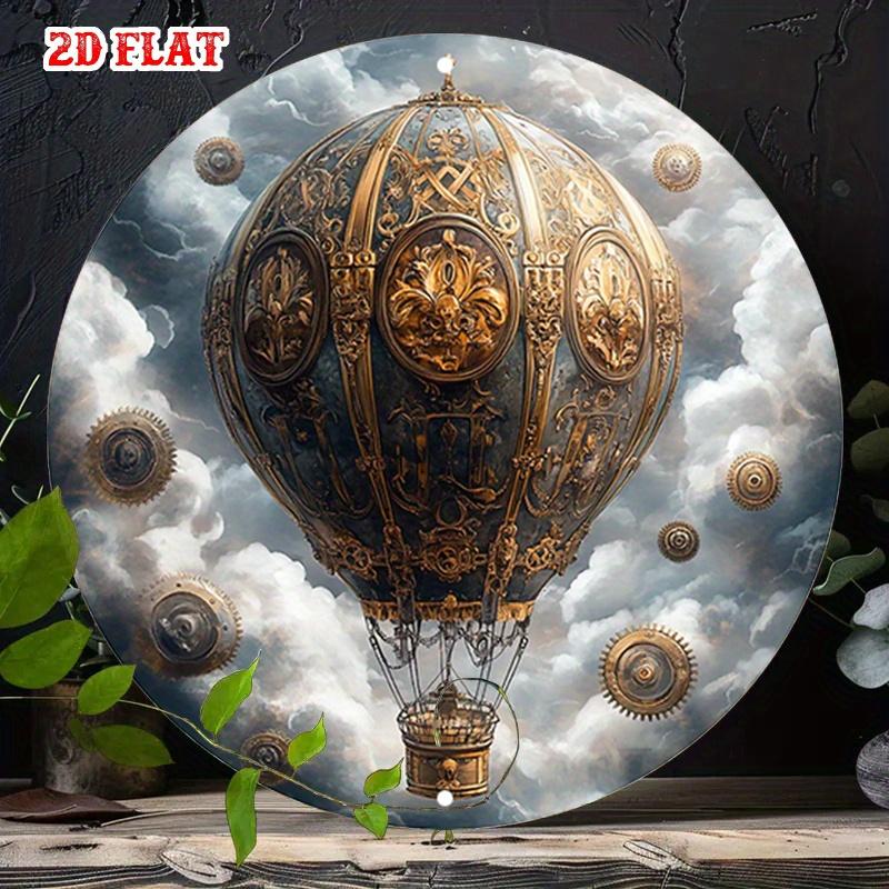 D Flat pc Steampunk Airship Wall Art Round Aluminum Metal Sign Frameless Vintage Home Decor for Living Room Rustic Indo