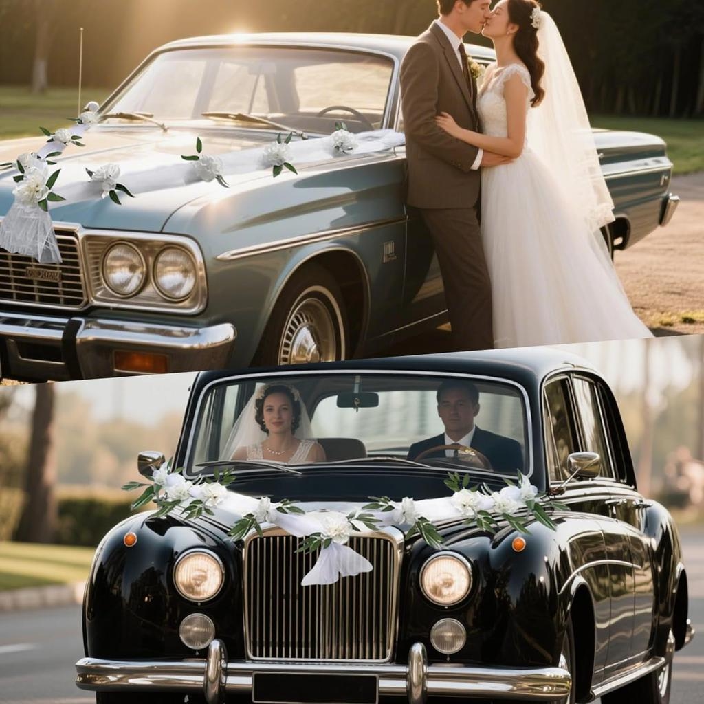 Just Married Car Decorations Kit Wedding Car Decor with Artificial White Roses Banner Flower Vine Tulle Ribbon Sign Stickers Getaway Car Accessories