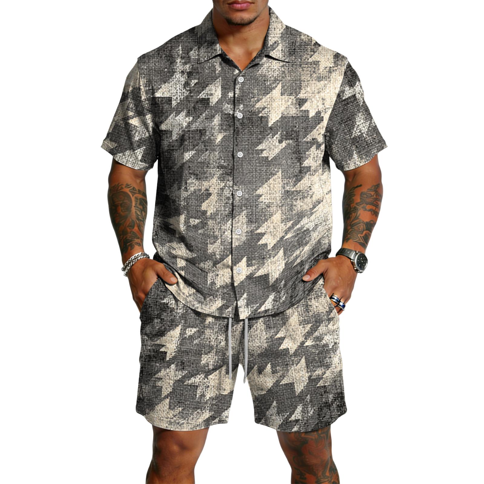 

Men s Casual Short Sleeve Button Down Shirt and Drawstring Shorts Set Lightweight Breathable Fabric Textured Print Summer Outfit XXXL