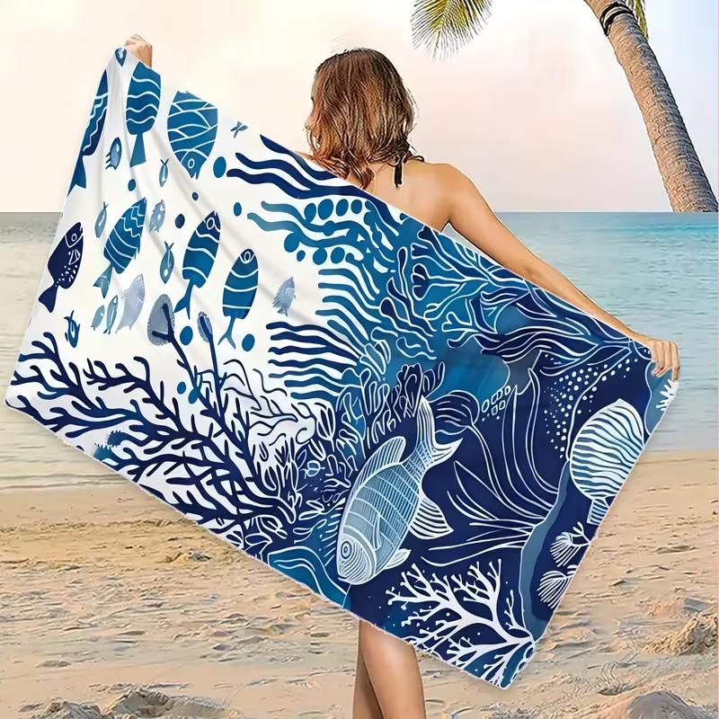 Ocean Starfish Coral Print Beach Towel Coastal Nautical Summer Beach Blanket Quick Dry Lightweight Absorbent Towel for Beach