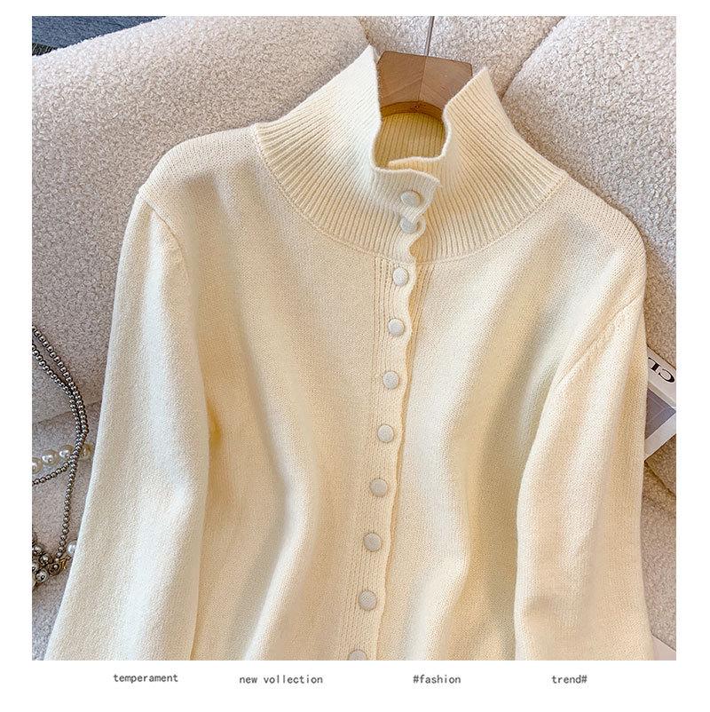 Solid Color Button-Up Knit Cardigan for Women: Loose, Casual, High Neck, Dropped Shoulder, Autumn/Winter Design.