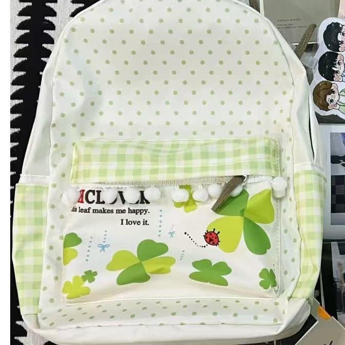 SchoolbagWTAII Sweet and cute four-leaf clover polka dot small pom-pom polka dot fresh green large capacity student backpack