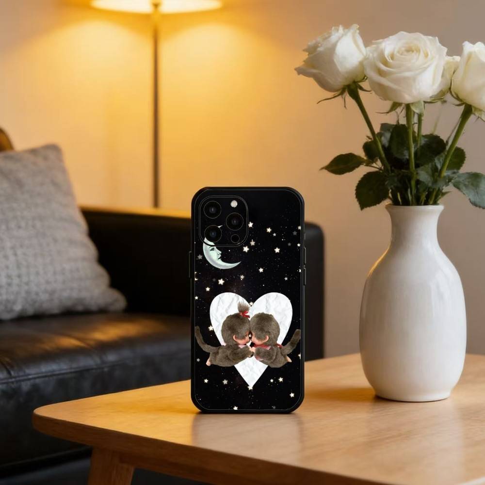 Cute M-Monchhichis Phone Case For iPhone17,16,15,14,13,12 Plus,Max Soft Silicone Black Cover