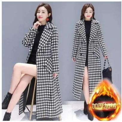 Compound, New Plaid Thickened Coat Women's Long Slim Temperament Fashion Thousand Bird Plaid Woolen Coat Tide