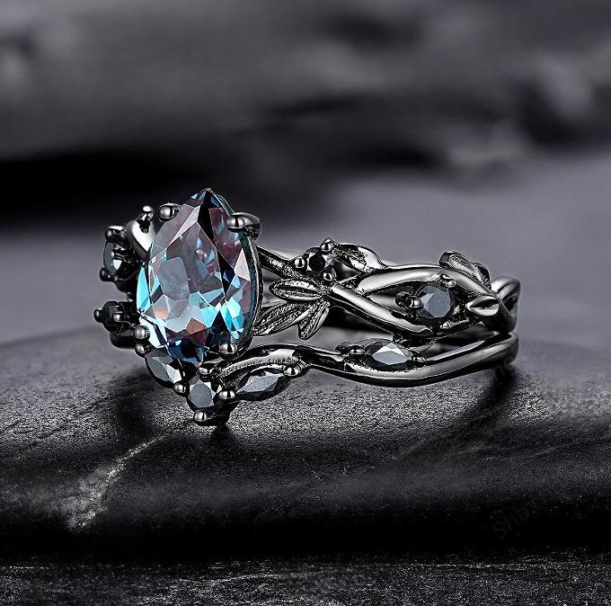 Pistolen-Schwarz & Seeblau Diamant Partnerringe - Europäischer & Amerikanischer INS Verlobungsschmuck für Damen