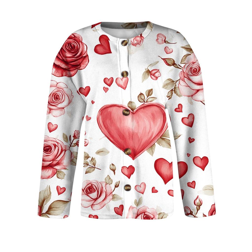 Women's Fashion Valentine's Day Heart Printed Long Sleeve Knitted Cardigan Button Jacket