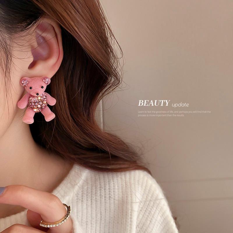 Silver Needle with Diamonds Flocked Bear Earrings Cartoon Cute Pink Girl Heart Sweet Stud Earrings Niche Design Earrings