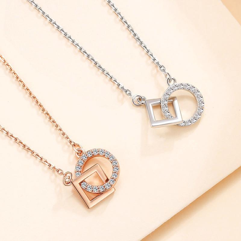 S925 Sterling Silver Necklace Square Circle Double Ring Pendant Jewelry Elegant Fashion Jewelry Gifts