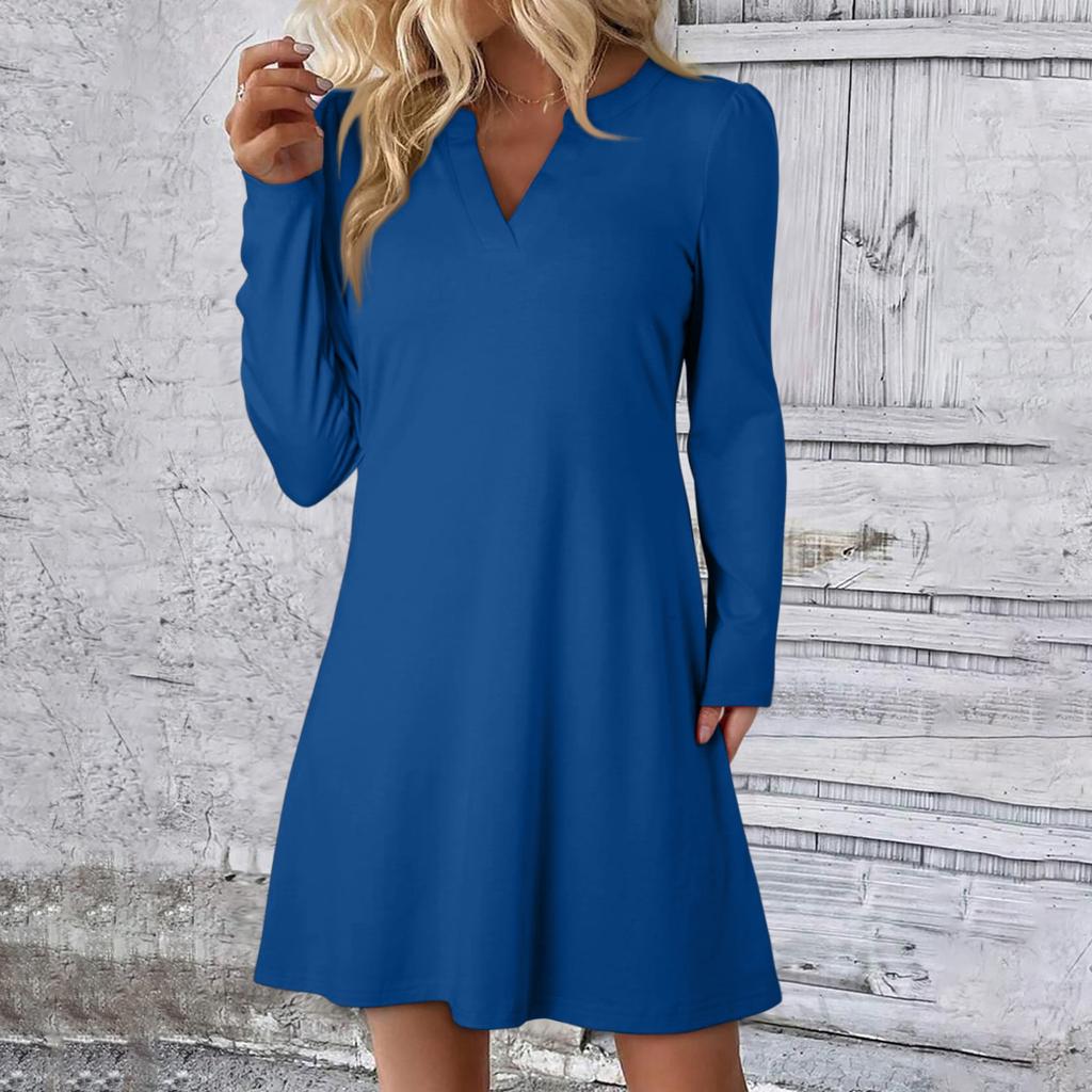 Women's Solid Color Dress Loose V-neck Casual Fashion Long Long Sleeved Dress
