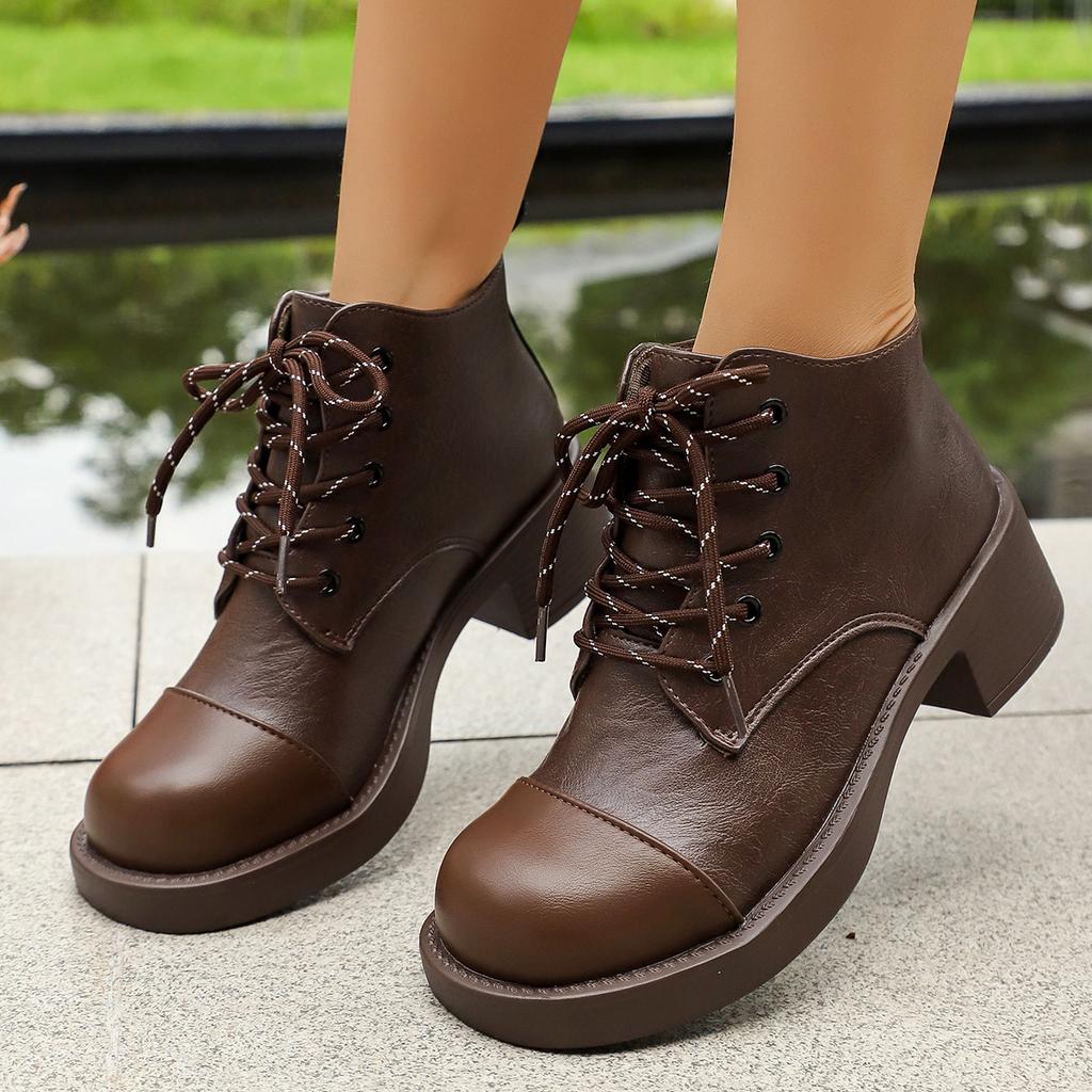 Large Size Thick Heel Martin Boots Women's Autumn and Winter New Fashion Popular Fashion Boots Lace-up Leather Boots