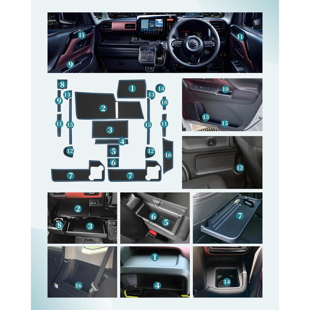 HUAHAO Interior Rubber Mats for Suzuki Spacia Custom and Rubber Mats for Interior Spacia Custom Custom 21 Pieces Spacia, mk54s, mk94s, Non-Slip Cars,