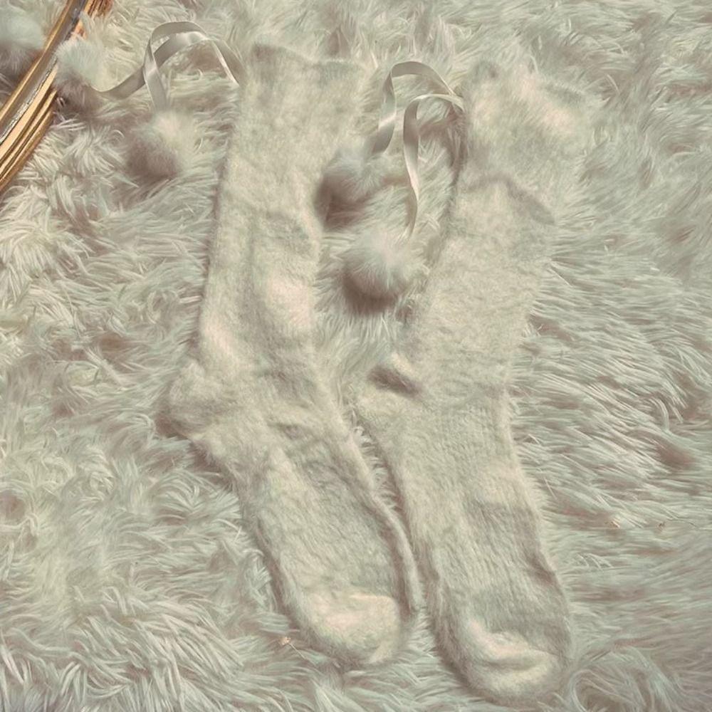 Sweet Plush Socks Plush Balls Thicken Warm Socks Fashion Mink Fur Socks  Women