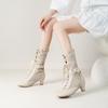 Elegantes Botas de Encaje Quemado con Lazo para Mujer con Cordones Botas de Caballero de Altura Media Botas de Tacón Alto 33-43 Botas de Talla Grande