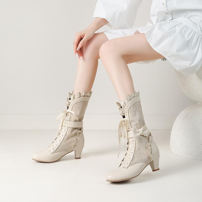 Elegantes Botas de Encaje Quemado con Lazo para Mujer con Cordones Botas de Caballero de Altura Media Botas de Tacón Alto 33-43 Botas de Talla Grande