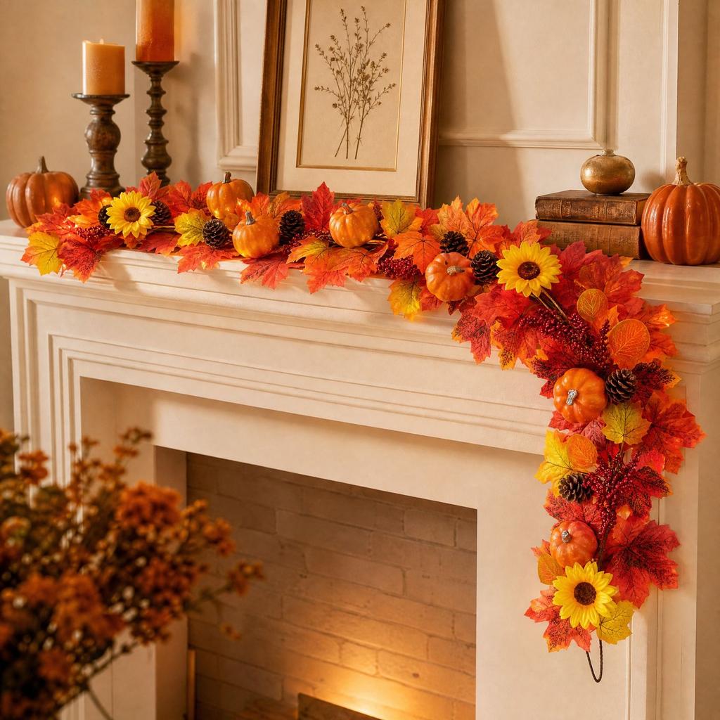 Fall Pumpkin Maple Leaf Garland for Fireplace Mantel and Wall Hanging Decor