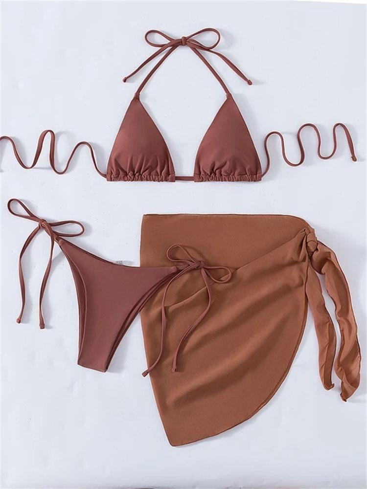 Bikini Set Donna Marrone Liscio Sexy Costine Scollo a Nodo Push Up Costume da Bagno con Gonna in Rete 2026 Donna Costume da Bagno Brasiliano Copricostume