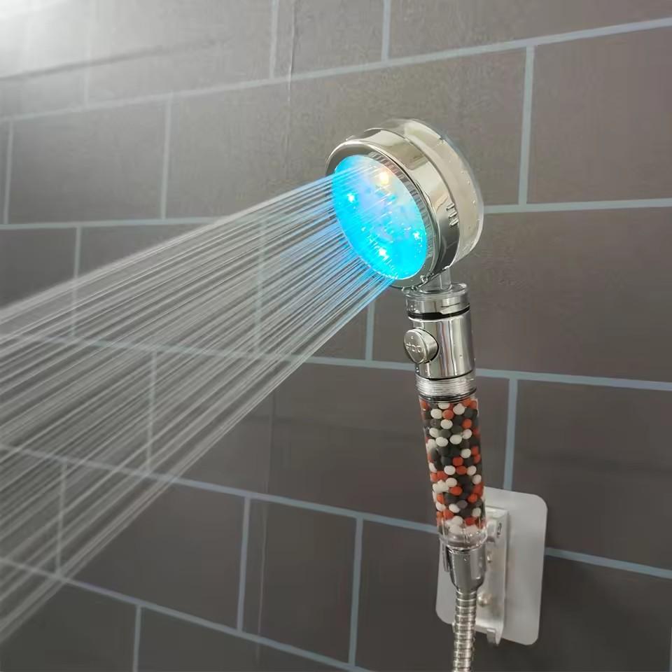 LED High Pressure Shower Head With Anion Filter Water Saving Showerhead Temperature Control Colorful Light Handheld Big Shower