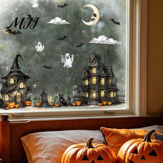 Spooky Glass Stickers Halloween Window Static Sticker, Ghost Castle Black Cat Print Decals, Creative Gift for Friends Waterproof PVC Cling