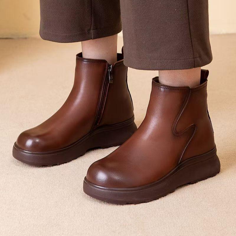 Women Real Leather Wedges Ankle Boots Spring Autumn New Thick sole Non Slip Middle Aged And Elderly High Top Zippers Boots