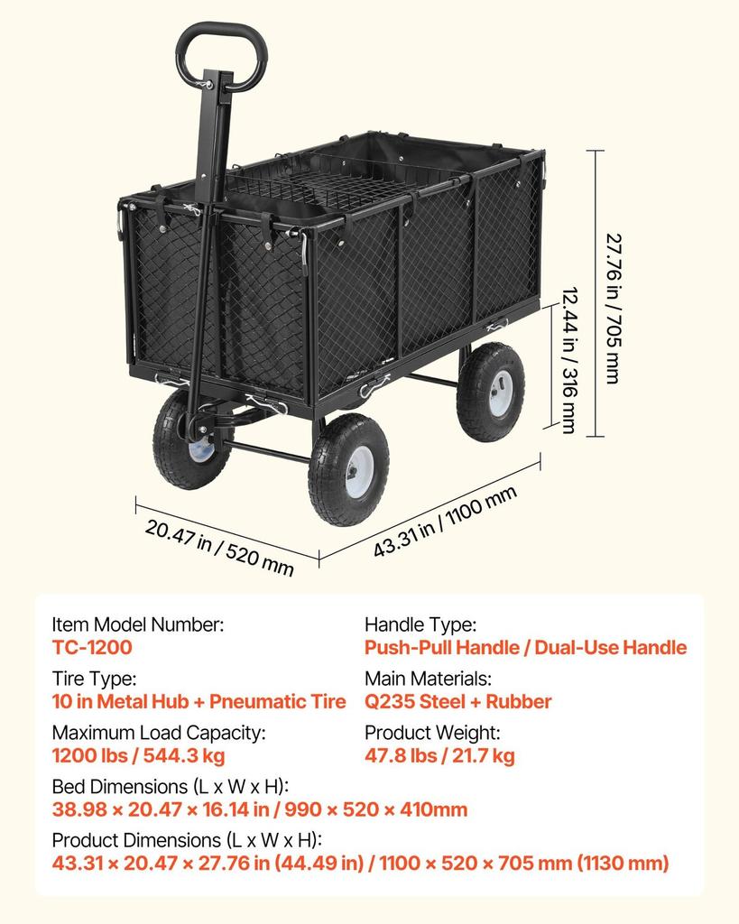 Garden Cart, 544.3 kg, Heavy Duty Steel Hand Trolley, Yard Utility Wagon Outdoor Transport Cart with 10-Inch Tires, Adjustable Handle, Detachable Side