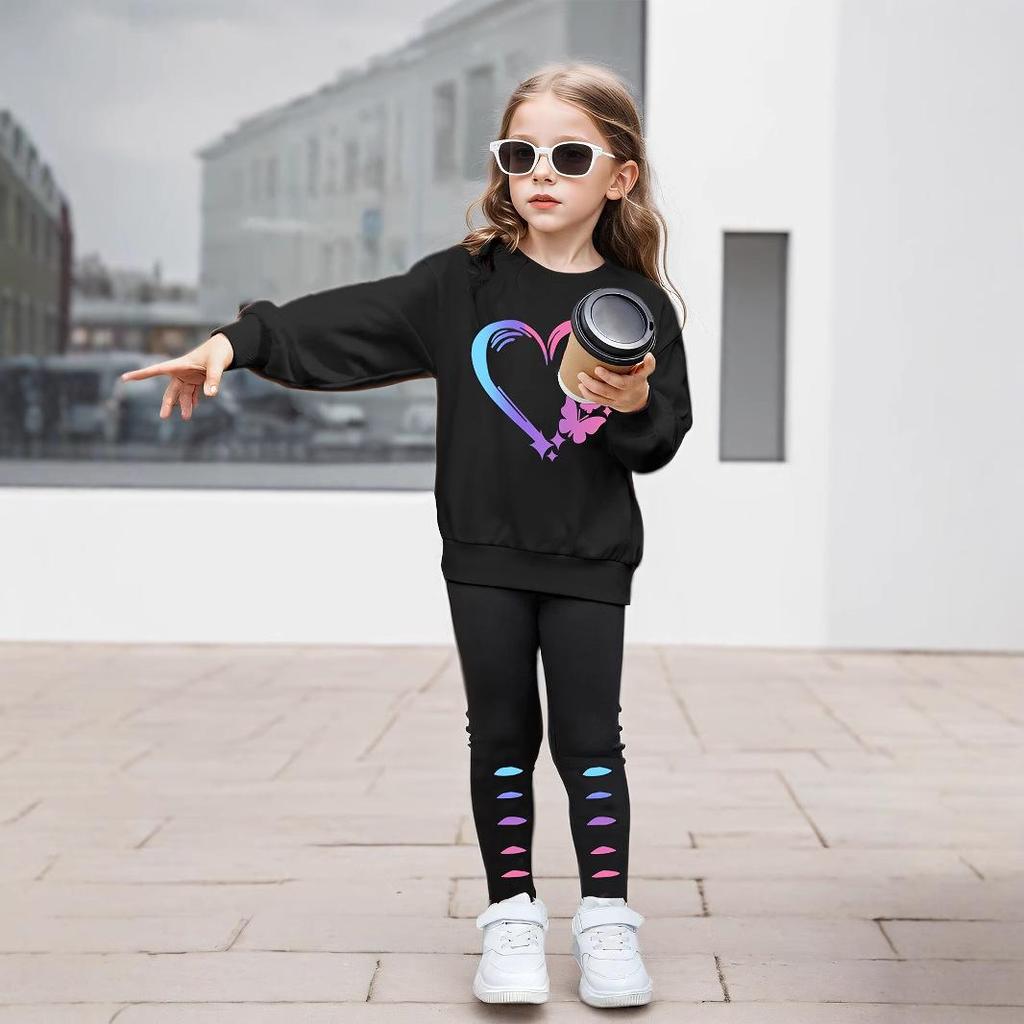 Girls Fashion Suit Summer Children Leisure Love Butterfly Printed Long Sleeve Hoodie Leggings Outdoor Sports Suit
