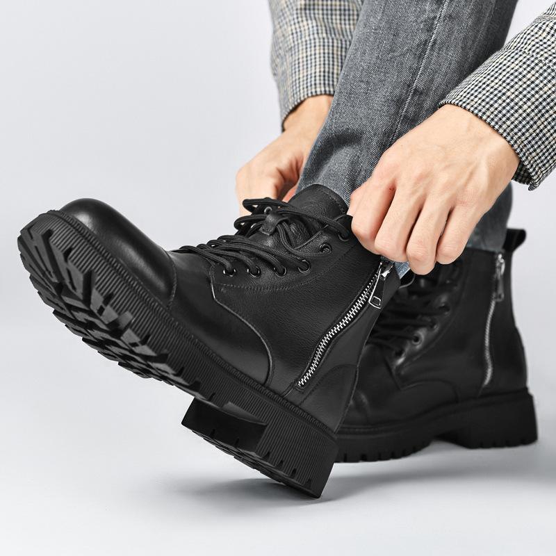 Martin Boots Men's Side Zipper Autumn and Winter Fashion Trendy Men's Cowhide Medium-top Short Boots Thick-soled Tooling Boots High-top Leather Shoes